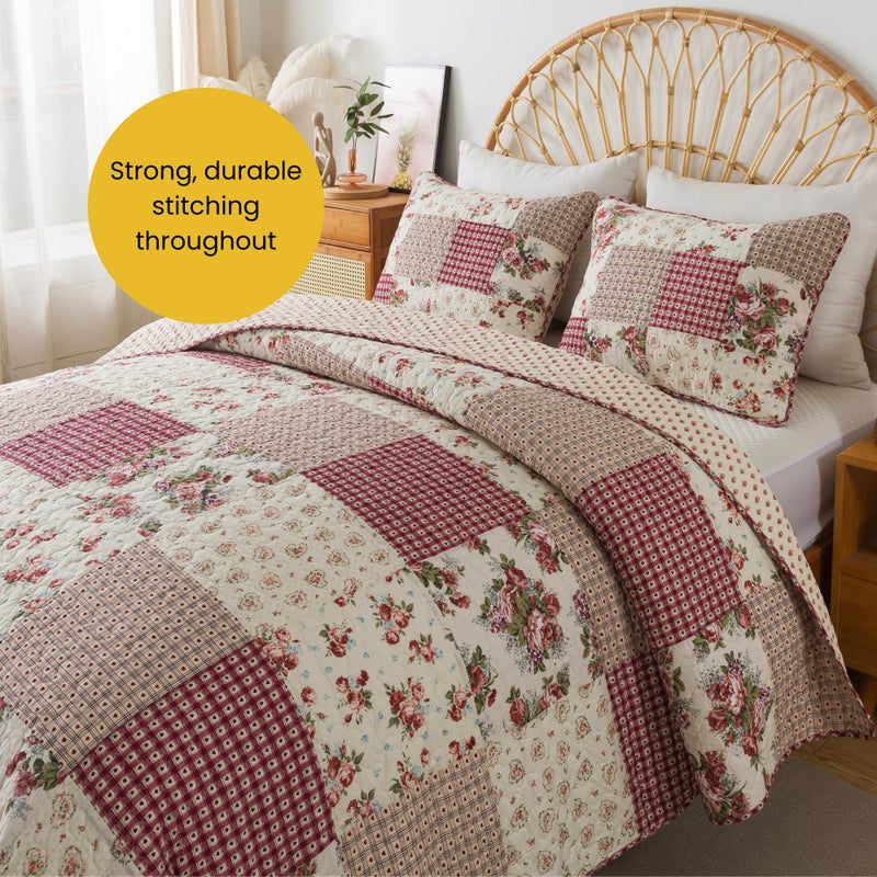 SLPR Country Roses Patchwork Cotton Pieced Quilt Set - Twin Size with 1 Sham, French Country Style Floral Bedding, Red Rose Farmhouse Quilted Bedspread with Flower Pattern - Image 4